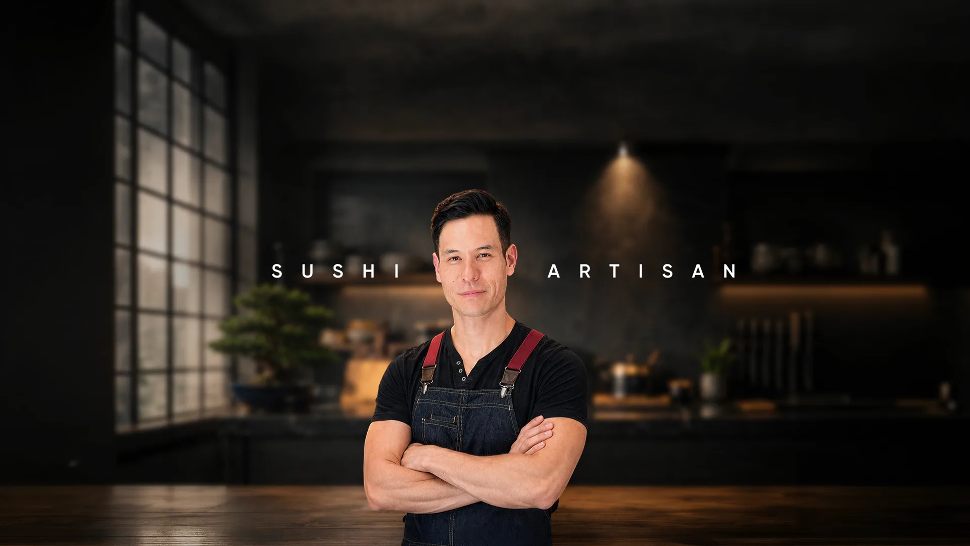 Sushi Artisan — Adam Watanabe with his arms crossed in a dark Japanese kitchen, wearing a denim apron with red straps